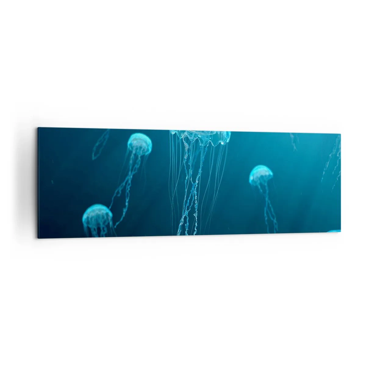 Cuadro sobre lienzo - Impresión de Imagen - Medusas flotando en las profundidades del océano en tonos azules. - 160x50cm - Danza oceánica - Decoración de pared moderna para salón y dormitorio ARTTOR