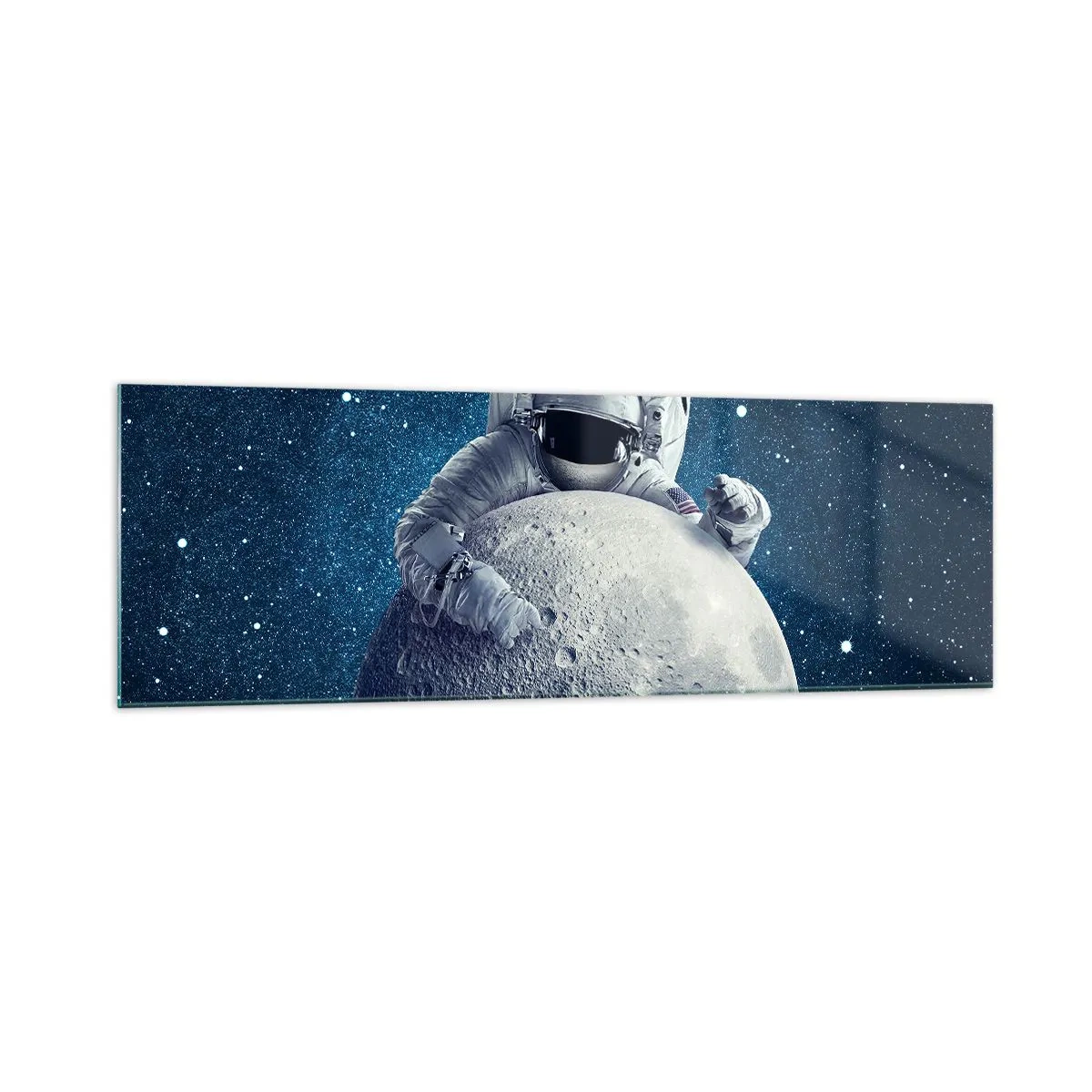 Cuadro sobre vidrio - Impresiones sobre Vidrio - Astronauta sosteniendo la luna contra un cielo estrellado - 160x50cm - Bromista espacial - Decoración de pared moderna para salón y dormitorio ARTTOR