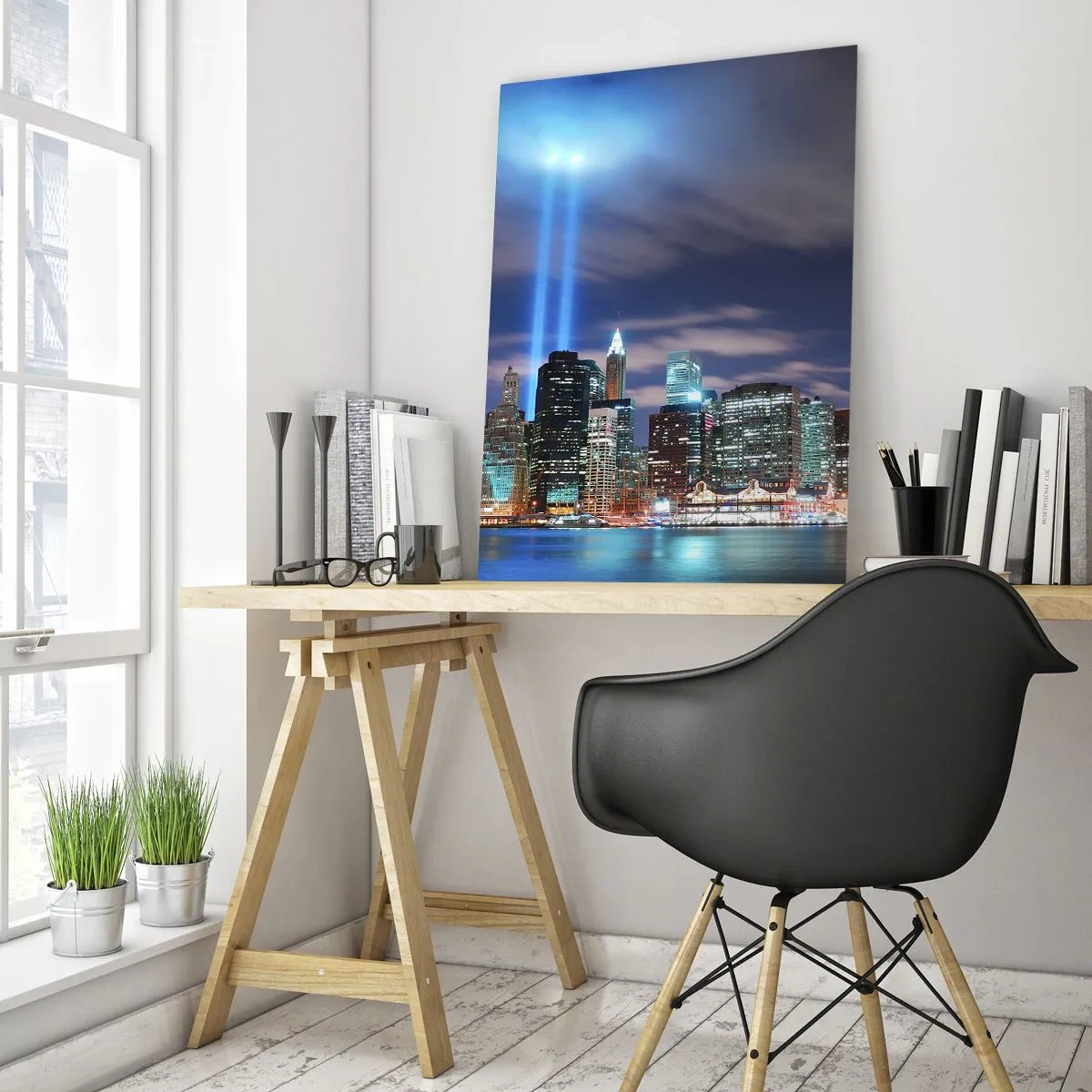 Cuadro sobre vidrio - Impresiones sobre Vidrio - Panorama nocturno de la ciudad con dos rayos de luz brillantes en el cielo - 70x100cm - Con luz para alcanzar el cielo - Decoración de pared moderna para salón y dormitorio ARTTOR