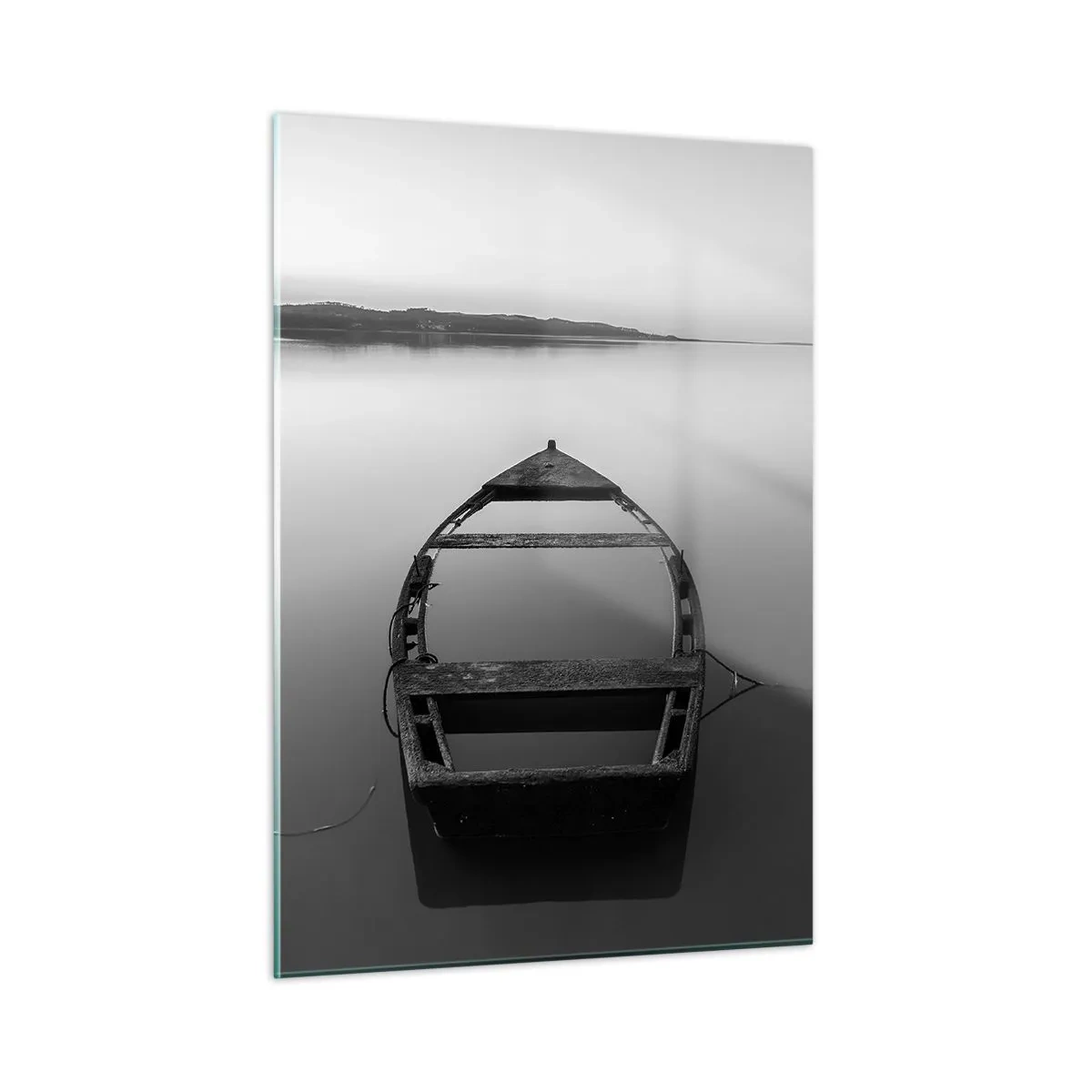 Cuadro sobre vidrio - Impresiones sobre Vidrio - Un viejo barco en una superficie de agua tranquila en blanco y negro. - 50x70cm - Anhelo y melancolía - Decoración de pared moderna para salón y dormitorio ARTTOR