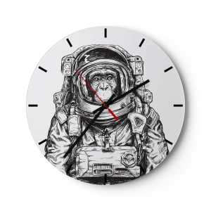 Reloj de pared - Reloj de vidrio - Un boceto en blanco y negro de un mono astronauta. - 30x30cm - Evolución alternativa - Decoración de pared moderna para salón, cocina y dormitorio ARTTOR