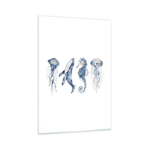 Cuadro sobre vidrio - Impresiones sobre Vidrio - Medusa, ballena y caballito de mar en estilo acuarela. - 80x120cm - Fauna marina - Decoración de pared moderna para salón y dormitorio ARTTOR