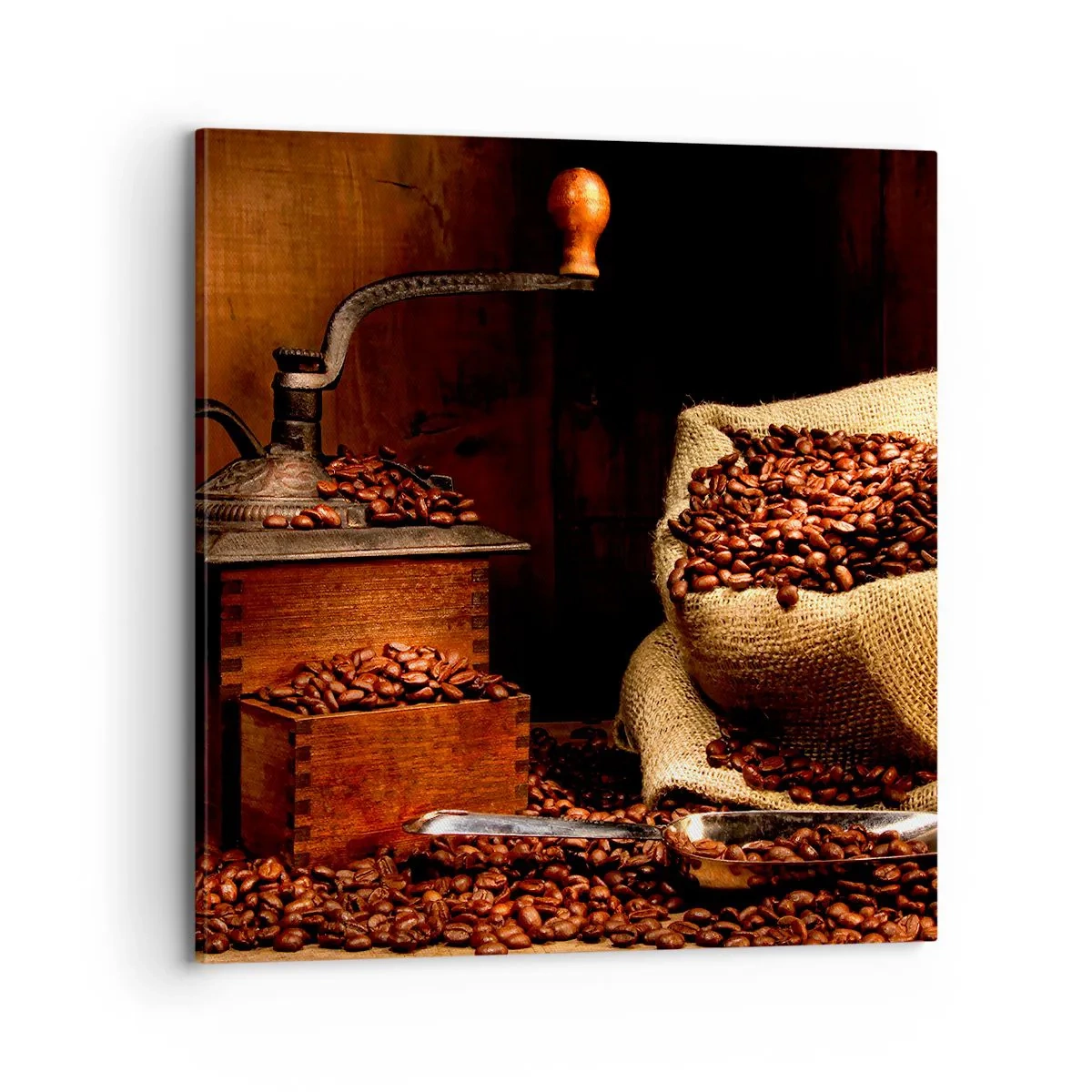 Cuadro sobre lienzo - Impresión de Imagen - Bodegón con granos de café y molinillo - 70x70 cm