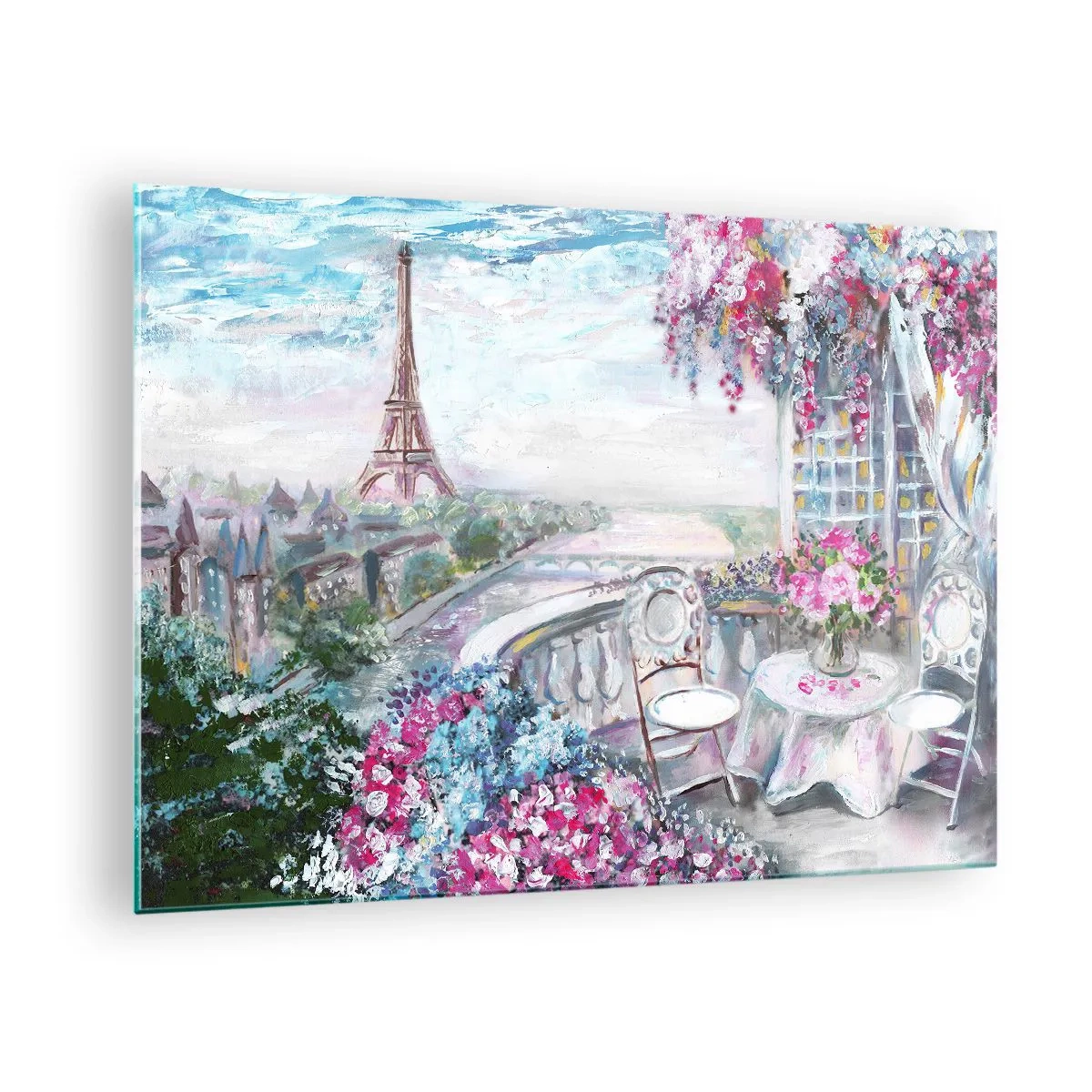 Cuadro sobre vidrio - Impresiones sobre Vidrio - Ilustración de una vista de la Torre Eiffel con un balcón lleno de flores. - 70x50cm - Mayo mágico en París - Decoración de pared moderna para salón y dormitorio ARTTOR