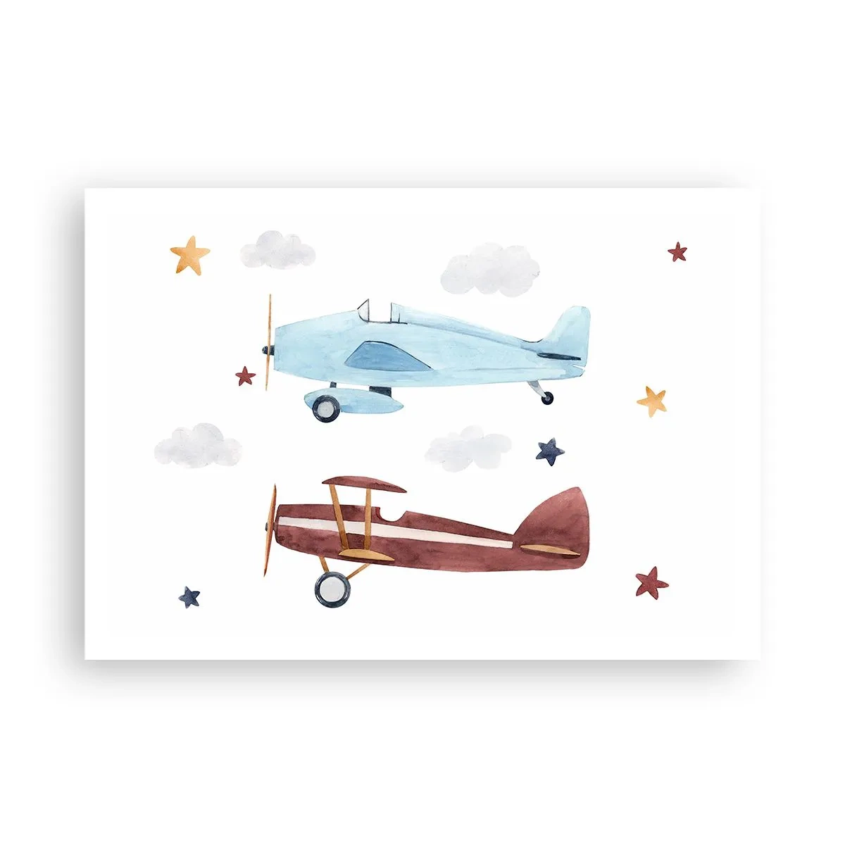 Póster - Aviones pintados a mano sobre un fondo de nubes y estrellas. - 100x70cm - ¡Piloto, estamos esperando! - Decoración de pared moderna para salón y dormitorio ARTTOR