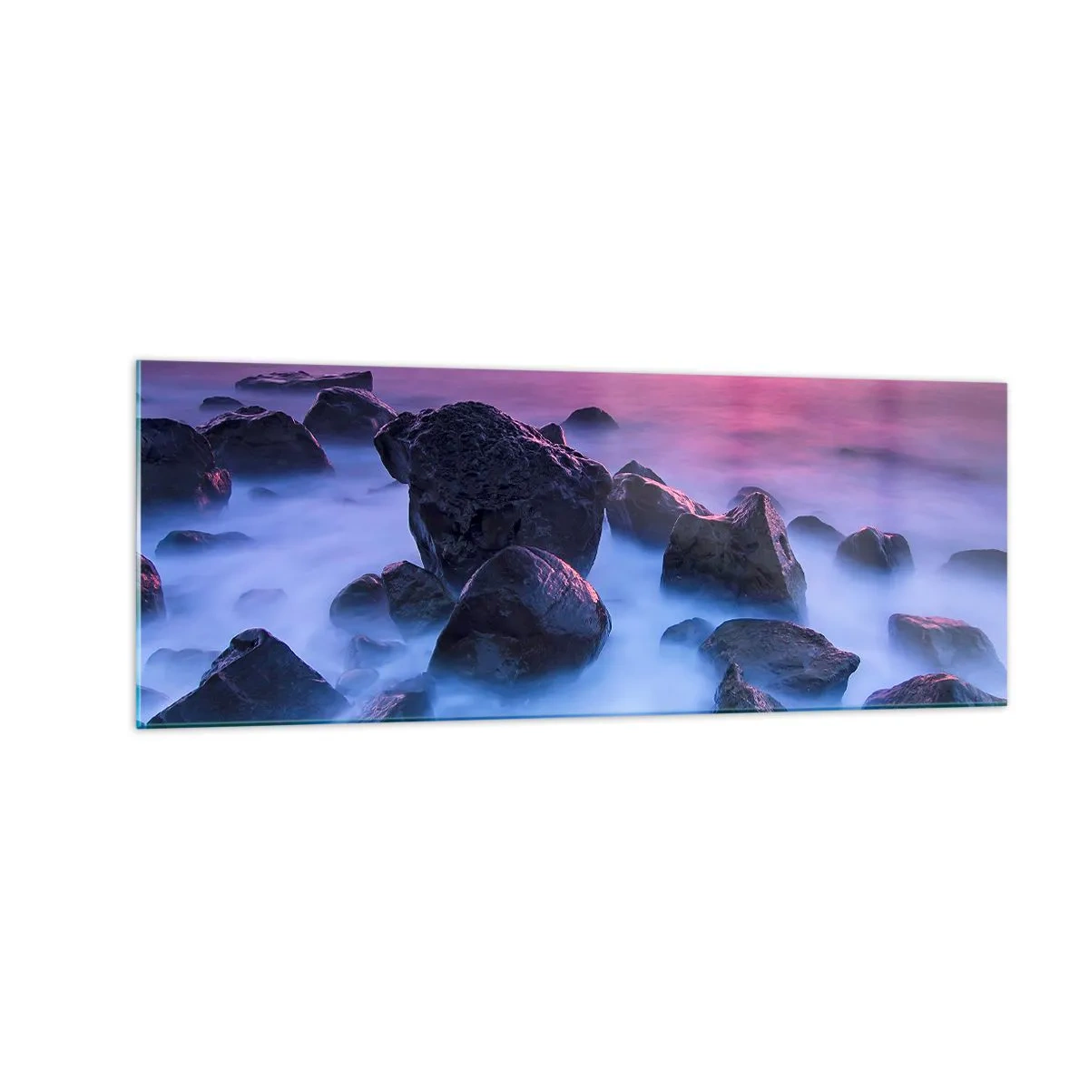 Cuadro sobre vidrio - Impresiones sobre Vidrio - Costa rocosa al atardecer - 140x50cm - Nacimiento en la luz y la niebla - Decoración de pared moderna para salón y dormitorio ARTTOR