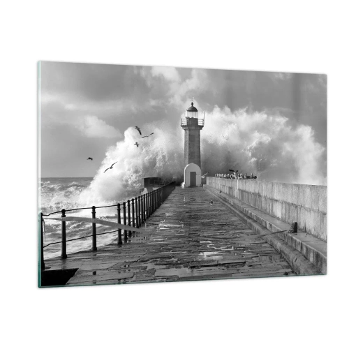 Cuadro sobre vidrio - Impresiones sobre Vidrio - Una fotografía en blanco y negro de un faro en medio de las olas rompientes. - 120x80cm - Audaz - Decoración de pared moderna para salón y dormitorio ARTTOR