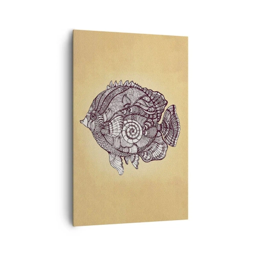 Cuadro sobre lienzo - Impresión de Imagen - Peces decorativos en estilo de dibujo con patrones. - 80x120cm - De un océano de ornamentos - Decoración de pared moderna para salón y dormitorio ARTTOR