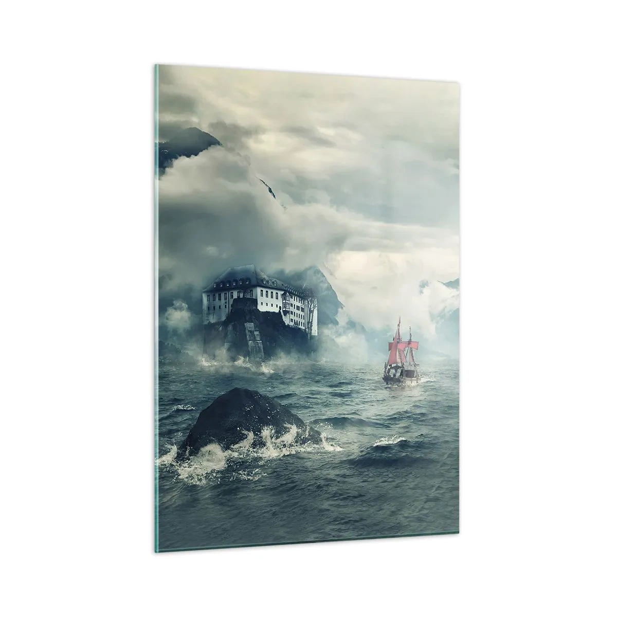 Cuadro sobre vidrio - Impresiones sobre Vidrio - Un barco en un mar tempestuoso con un castillo al fondo. - 50x70cm - En aguas mágicas - Decoración de pared moderna para salón y dormitorio ARTTOR