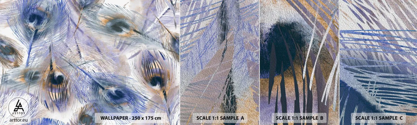 Muestra de fotomural Premium Sand - Composición - Abstracción, Pluma de pavo real, bohemia - 100x30 cm