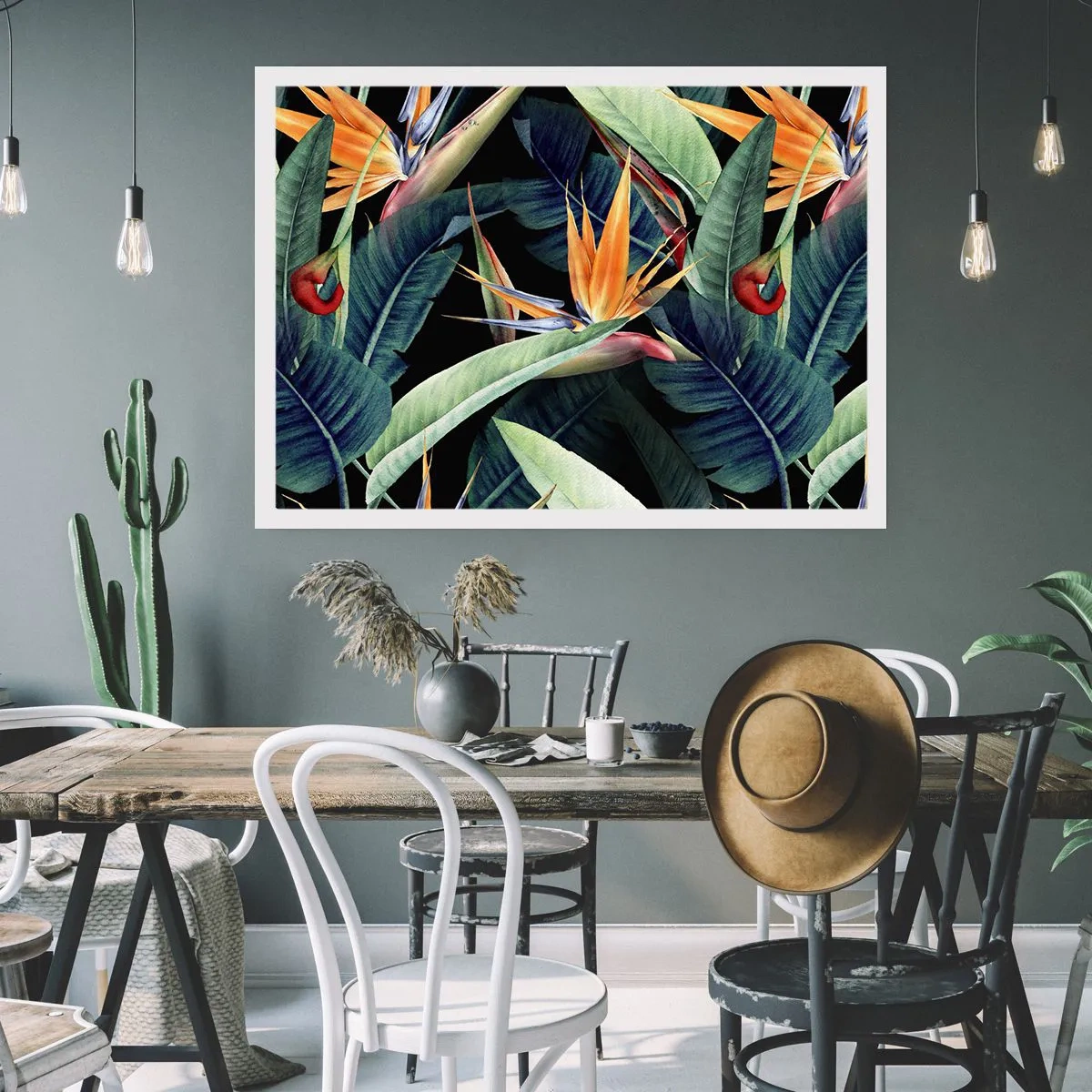 Póster - Flores y hojas tropicales sobre fondo negro. - 100x70cm - Flores de llamas de los trópicos - Decoración de pared moderna para salón y dormitorio ARTTOR