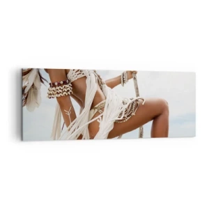 Cuadro sobre lienzo - Impresión de Imagen - Figura de una mujer con adornos y ropa étnica con el telón de fondo de un paisaje tropical. - 140x50cm - Sacerdotisa del sol - Decoración de pared moderna para salón y dormitorio ARTTOR
