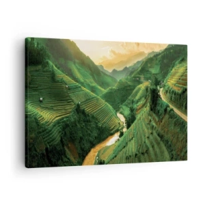 Cuadro sobre lienzo - Impresión de Imagen - Pintorescas terrazas de arroz en un valle verde iluminado por el sol poniente - 70x50cm - Valle vietnamita - Decoración de pared moderna para salón y dormitorio ARTTOR