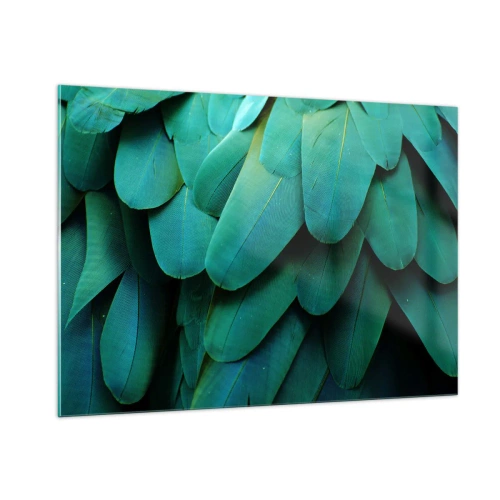 Cuadro sobre vidrio - Impresiones sobre Vidrio - Un primer plano de las plumas intensamente verdes de un loro. - 100x70cm - La precisión de la naturaleza - Decoración de pared moderna para salón y dormitorio ARTTOR