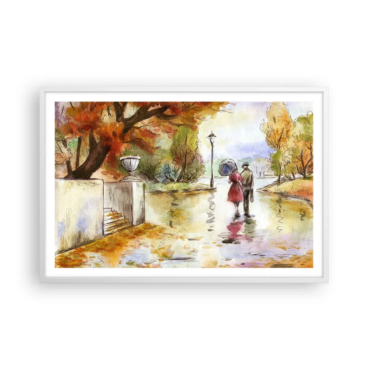 Póster en marco blanco - Un otoño romántico en el parque - 91x61 cm
