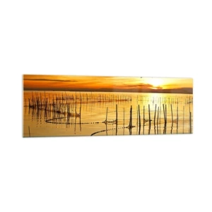 Cuadro sobre vidrio - Impresiones sobre Vidrio - Puesta de sol sobre el agua con pájaros en vuelo - 160x50cm - Horizonte naranja - Decoración de pared moderna para salón y dormitorio ARTTOR
