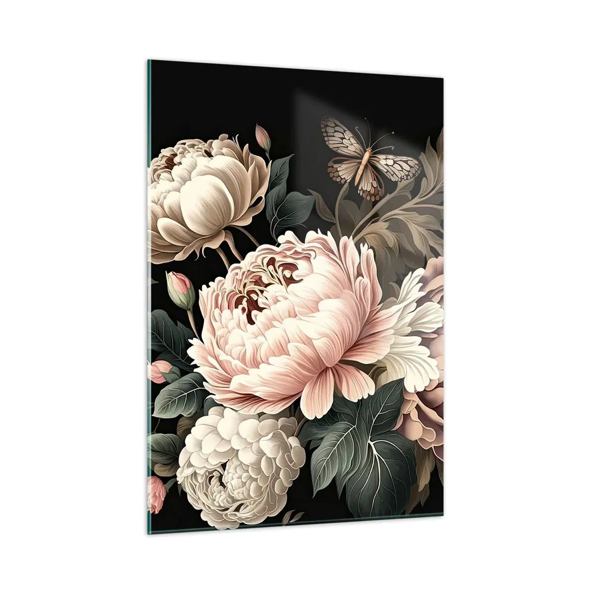Cuadro sobre vidrio - Impresiones sobre Vidrio - Composición floral con mariposas sobre fondo negro. - 50x70cm - En estilo barroco - Decoración de pared moderna para salón y dormitorio ARTTOR