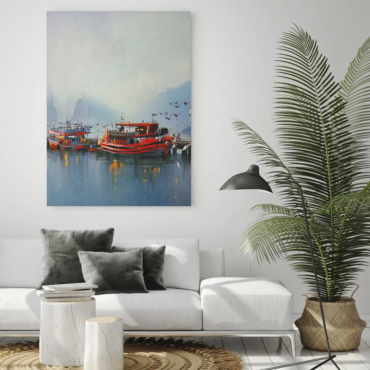 Cuadro sobre vidrio - Impresiones sobre Vidrio - Un puerto con barcos rojos rodeado de un paisaje brumoso. - 80x120cm - En el fin del mundo - Decoración de pared moderna para salón y dormitorio ARTTOR