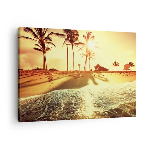 Cuadro sobre lienzo - Impresión de Imagen - Una playa con palmeras iluminada por un cálido atardecer. - 70x50cm - Una tarde californiana - Decoración de pared moderna para salón y dormitorio ARTTOR