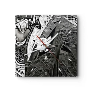 Reloj de pared - Reloj de vidrio - Elegante abstracción de un hombre con traje en blanco y negro. - 30x30cm - Solo un hombre aparentemente gris - Decoración de pared moderna para salón y dormitorio ARTTOR