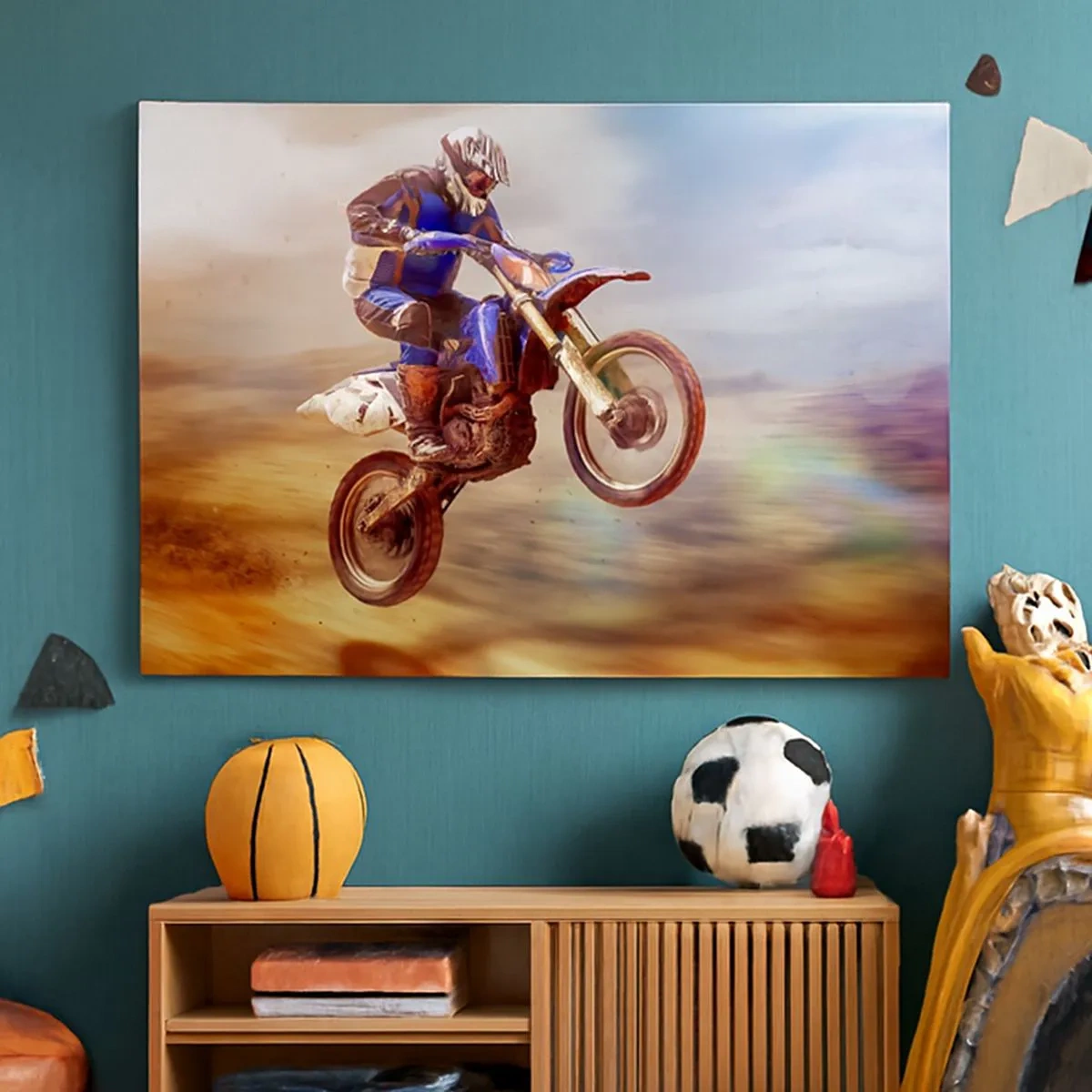 Cuadro sobre lienzo - Impresión de Imagen - Un motociclista en vuelo durante un dinámico recorrido todoterreno. - 70x50cm - Vértigo sobre dos ruedas - Decoración de pared moderna para salón y dormitorio ARTTOR