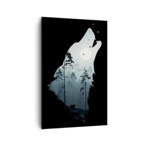 Cuadro sobre lienzo - Impresión de Imagen - Silueta de un lobo con un bosque y la luna al fondo - 80x120cm - Voz de la noche del bosque - Decoración de pared moderna para salón y dormitorio ARTTOR