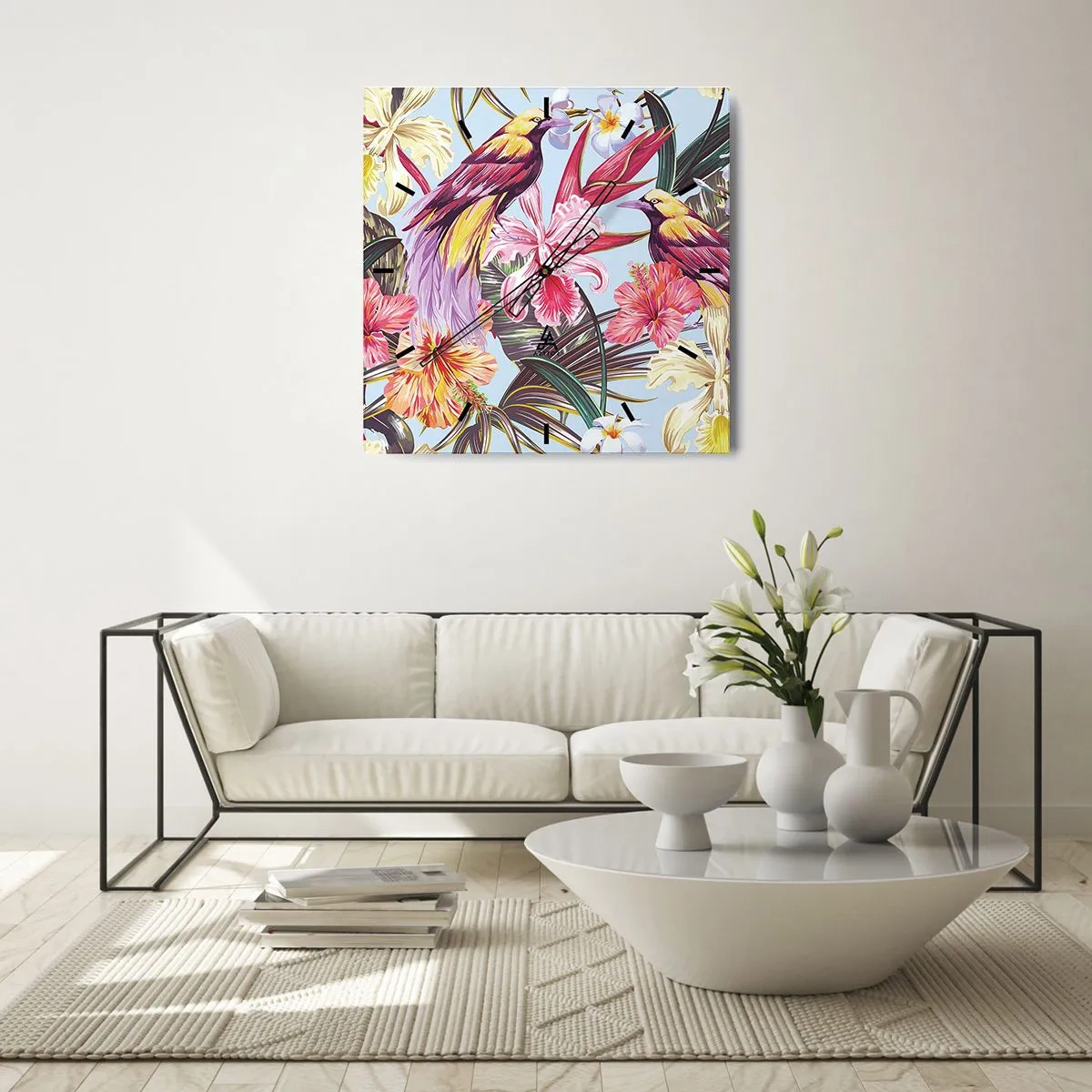 Reloj de pared - Reloj de vidrio - Aves exóticas entre flores tropicales - 30x30cm - Pétalos y plumas - Decoración de pared moderna para salón y dormitorio ARTTOR