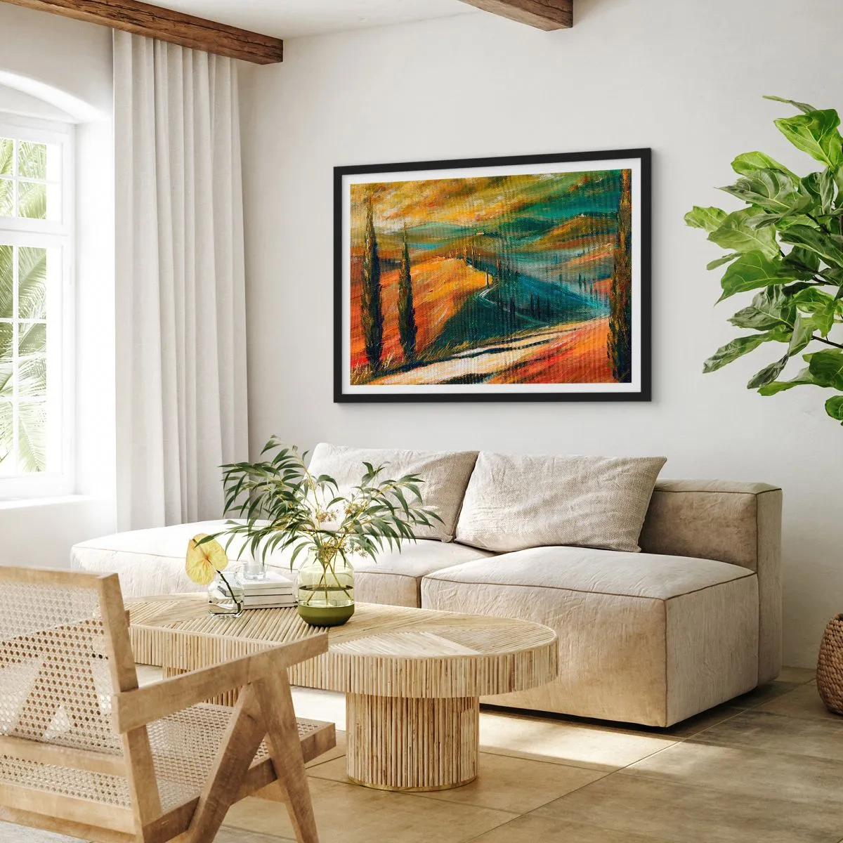 Póster en marco negro - Paisaje toscano con campos, camino y cipreses. - 100x70cm - Paisaje toscano - Decoración de pared moderna para salón y dormitorio ARTTOR