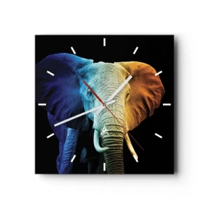 Reloj de pared - Reloj de vidrio - Retrato de elefante en colores del arco iris - 30x30cm - Excéntrico, no un bicho raro - Decoración de pared moderna para salón y dormitorio ARTTOR