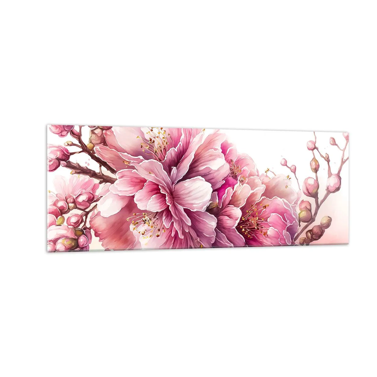 Cuadro sobre vidrio - Impresiones sobre Vidrio - Delicadas flores de cerezo en plena floración sobre un fondo claro. - 140x50cm - Flor de cerezo - Decoración de pared moderna para salón y dormitorio ARTTOR