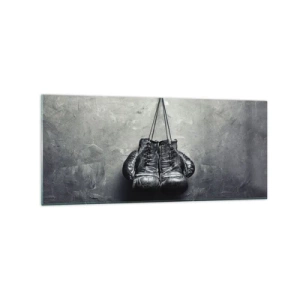 Cuadro sobre vidrio - Impresiones sobre Vidrio - Guantes de boxeo viejos contra la pared - 120x50cm - Tiempo de lucha y tiempo de paz - Decoración de pared moderna para salón y dormitorio ARTTOR
