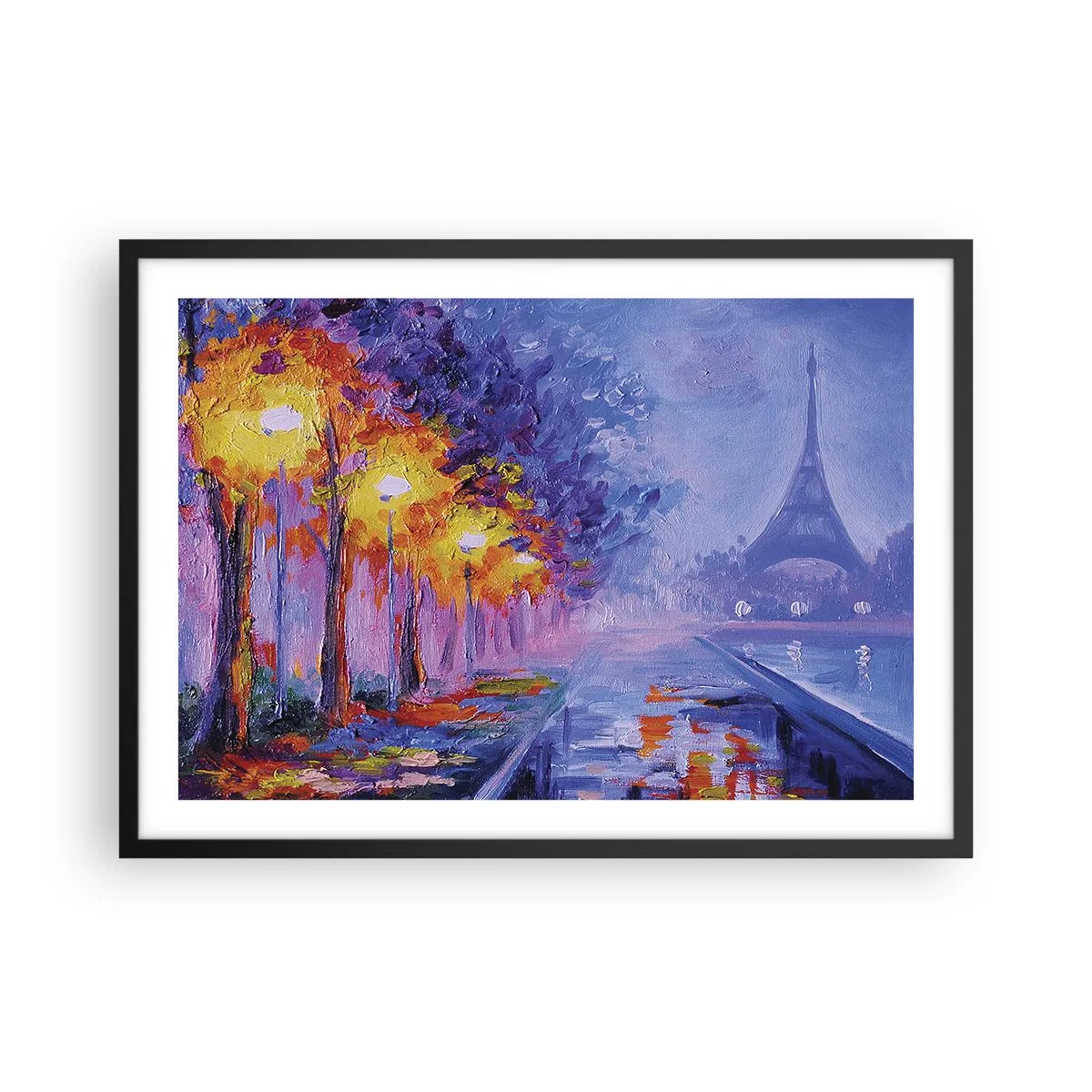 Póster en marco negro - Una avenida con farolas en París con la Torre Eiffel al fondo - 70x50cm - Un paseo de ensueño - Decoración de pared moderna para salón y dormitorio ARTTOR