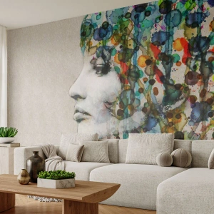 Fotomural Standard Eco - Retrato de una mujer con una composición abstracta y colorida. - 100x70cm - Salió del gris - Decoración de pared moderna para salón y dormitorio ARTTOR