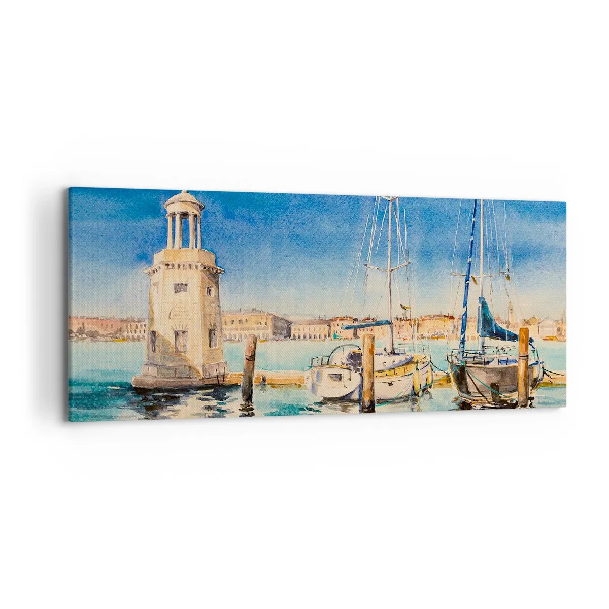 Cuadro sobre lienzo - Impresión de Imagen - Puerto deportivo con barcos con el fondo de una laguna azul - 120x50cm - Laguna soleada - Decoración de pared moderna para salón y dormitorio ARTTOR