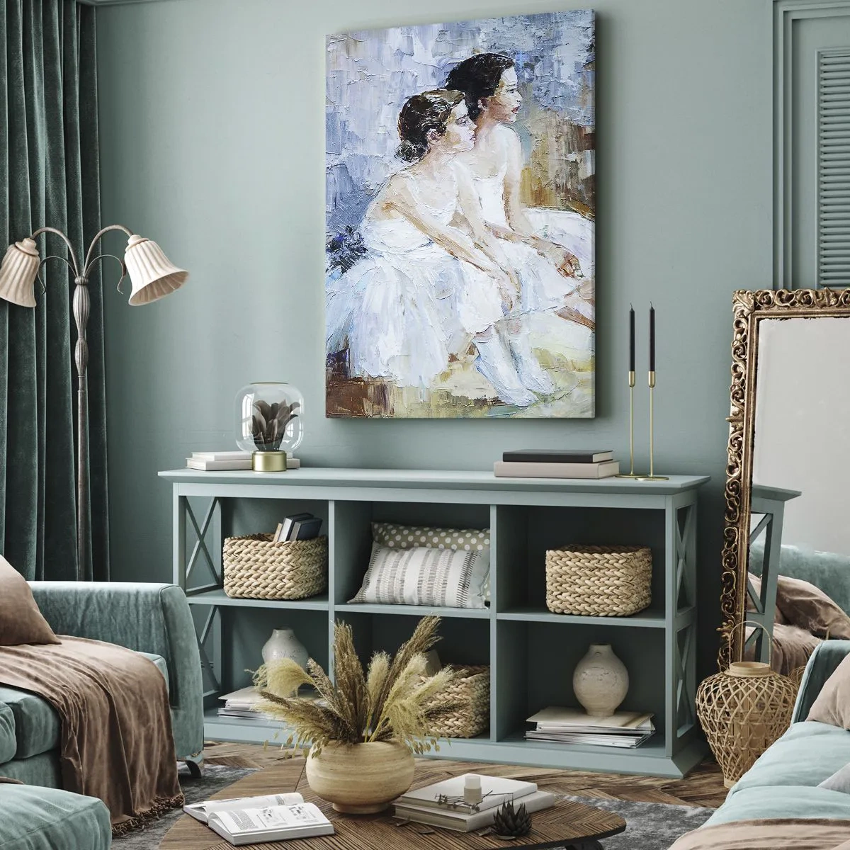 Cuadro sobre lienzo - Impresión de Imagen - Dos bailarinas vestidas de blanco se relajan sobre un fondo pastel. - 50x70cm - Cisnes jóvenes descansando - Decoración de pared moderna para salón y dormitorio ARTTOR