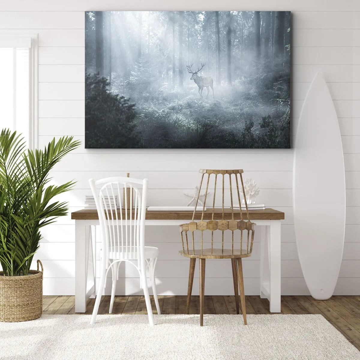 Cuadro sobre lienzo - Impresión de Imagen - Un ciervo en un bosque denso envuelto en la niebla matutina. - 100x70cm - Ronda matutina por la finca - Decoración de pared moderna para salón y dormitorio ARTTOR
