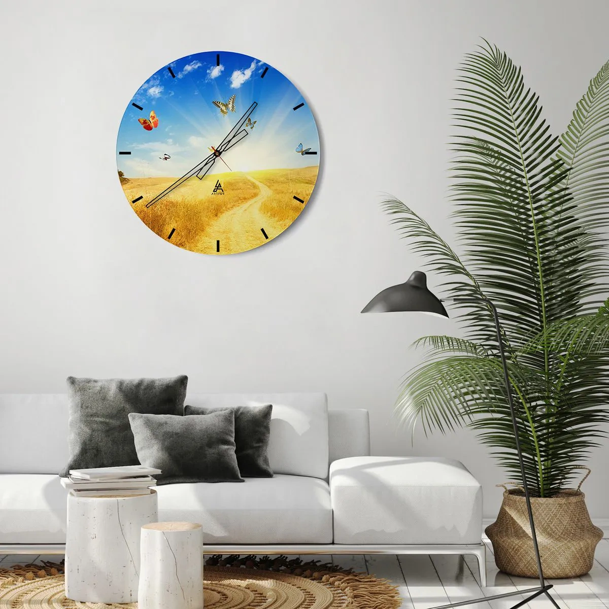 Reloj de pared - Reloj de vidrio - Un motivo de paisaje de verano con mariposas sobre un fondo de campos dorados. - 30x30cm - ¿Cómo no amar el verano? - Decoración de pared moderna para salón, cocina y dormitorio ARTTOR