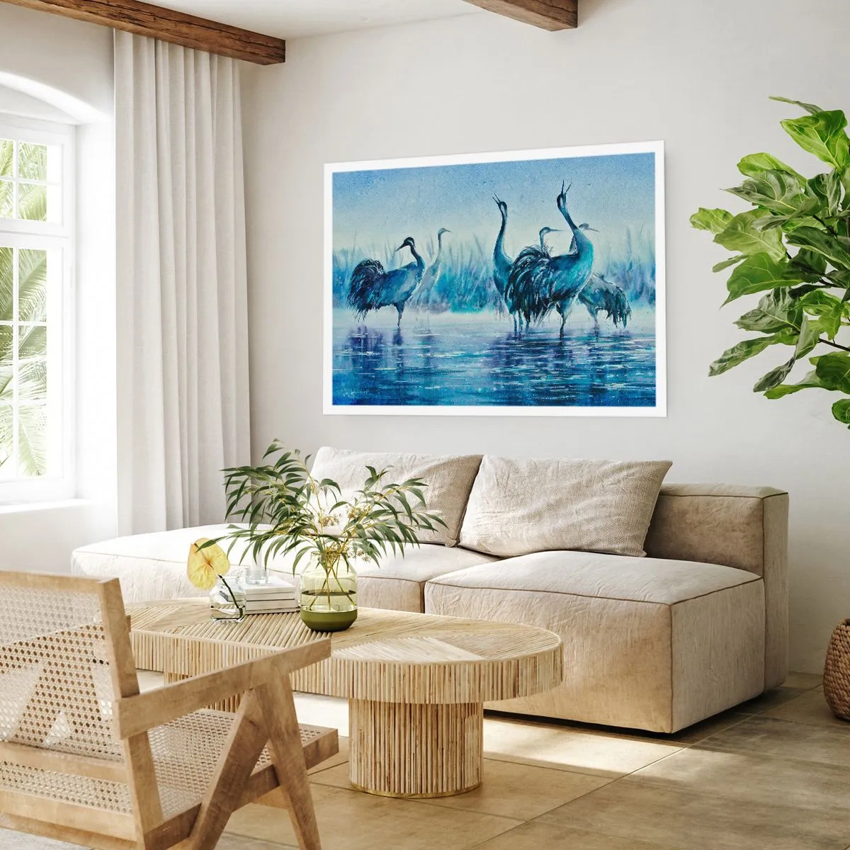 Póster - Grúas sobre un fondo de niebla y agua en tonos azules. - 100x70cm - Reunión matinal - Decoración de pared moderna para salón y dormitorio ARTTOR