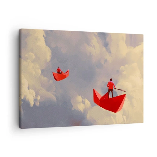 Cuadro sobre lienzo - Impresión de Imagen - Barquitos de papel rojos flotando en las nubes - 70x50cm - El viaje de un soñador - Decoración de pared moderna para salón y dormitorio ARTTOR
