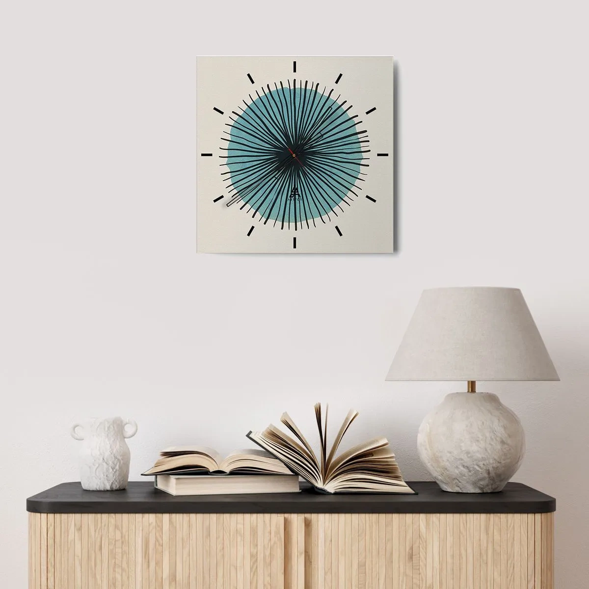 Reloj de pared - Reloj de vidrio - Forma circular abstracta con rayos azules - 30x30cm - Radiante en azul - Decoración de pared moderna para salón y dormitorio ARTTOR