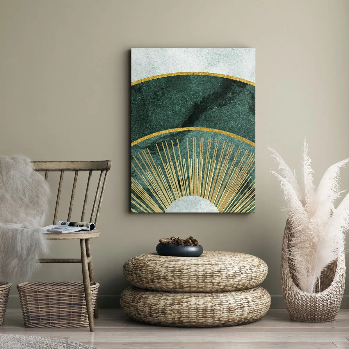 Cuadro sobre lienzo - Impresión de Imagen - Patrón abstracto con círculos en colores esmeralda y dorado. - 70x100cm - Un sistema solar diferente - Decoración de pared moderna para salón y dormitorio ARTTOR