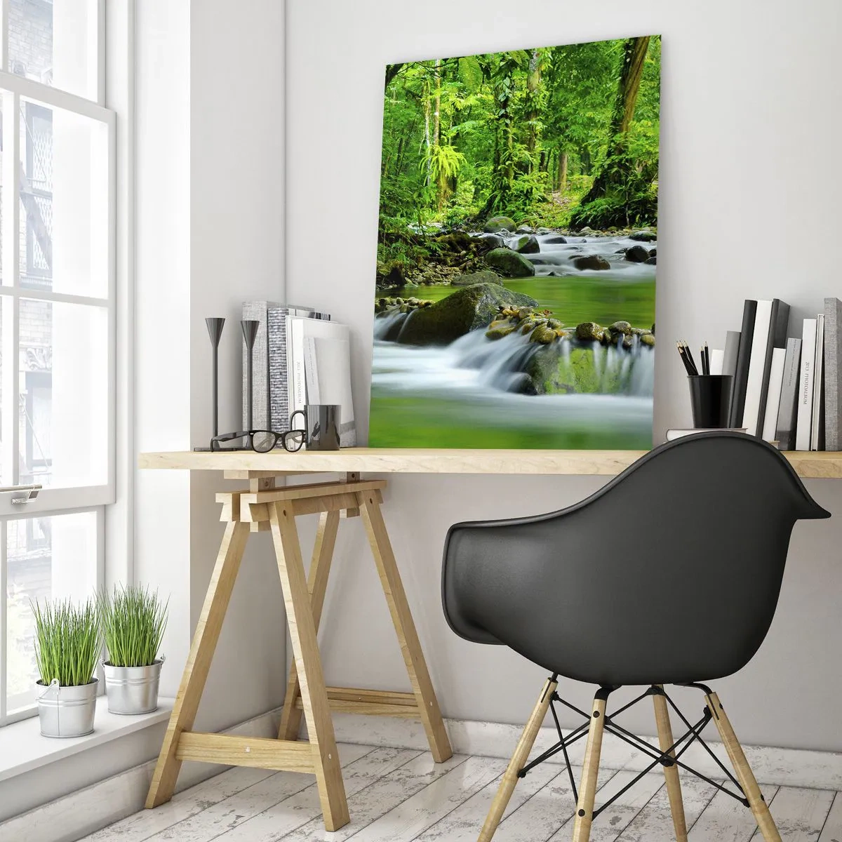 Cuadro sobre vidrio - Impresiones sobre Vidrio - Un arroyo en un exuberante bosque tropical. - 70x100cm - Flotar en un mar de verde - Decoración de pared moderna para salón y dormitorio ARTTOR
