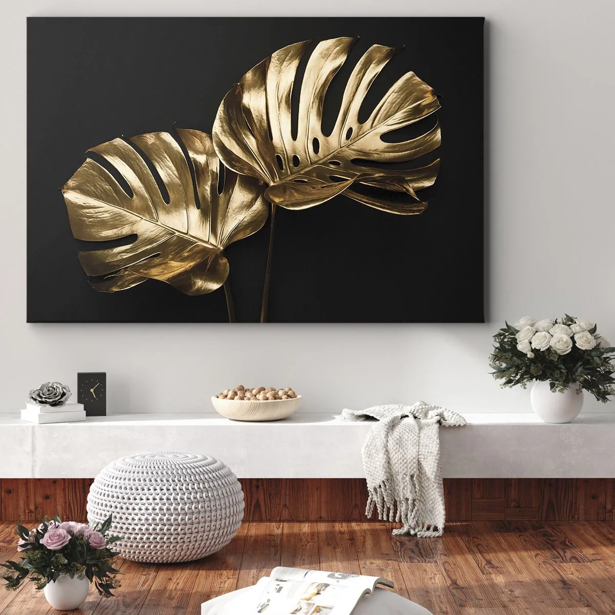 Cuadro sobre lienzo - Impresión de Imagen - Hojas de monstera doradas sobre fondo negro - 70x50cm - Tesoros de la naturaleza - Decoración de pared moderna para salón y dormitorio ARTTOR