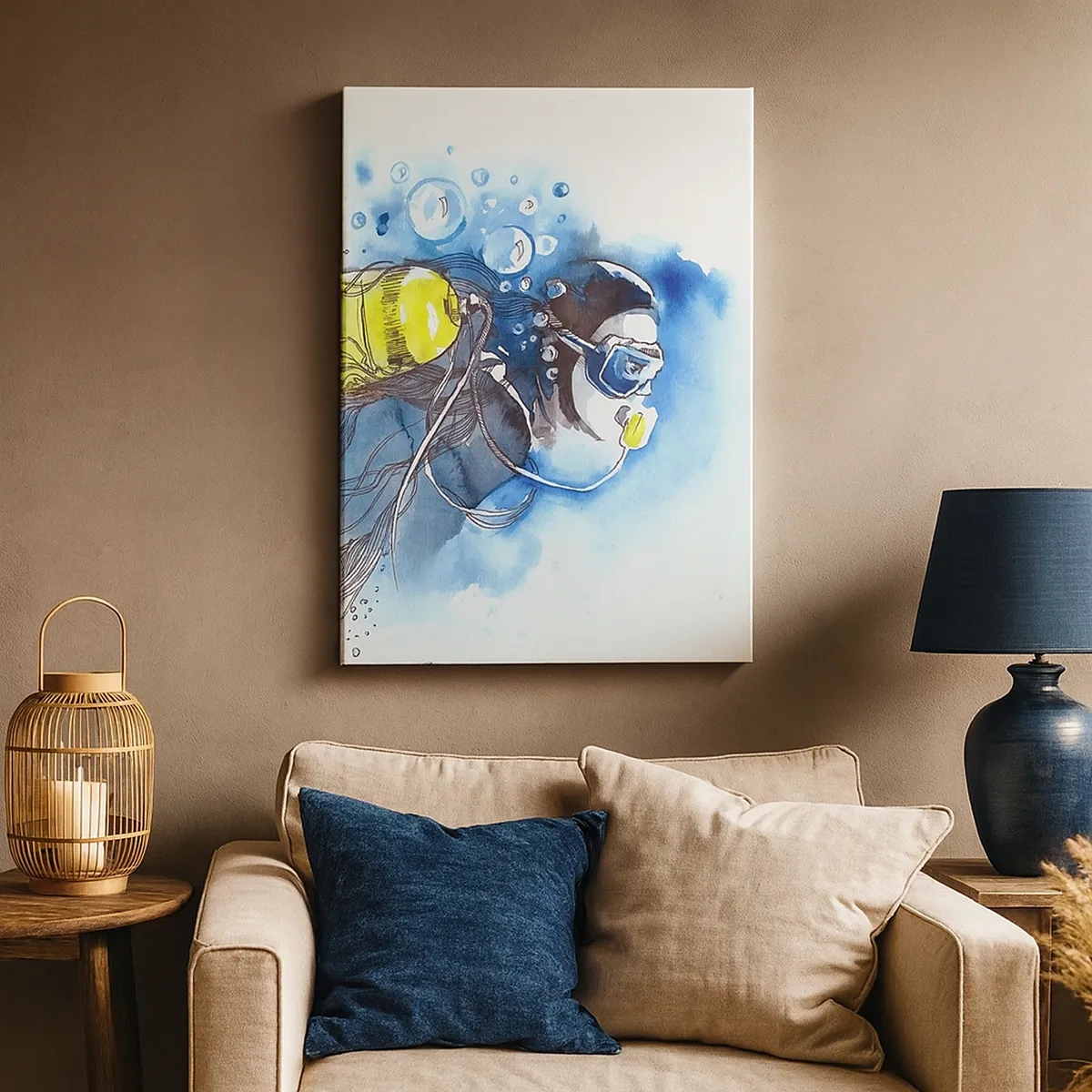 Cuadro sobre lienzo - Impresión de Imagen - Escena submarina con un buceador y peces exóticos. - 50x70cm - Sumergirse en lo desconocido - Decoración de pared moderna para salón y dormitorio ARTTOR
