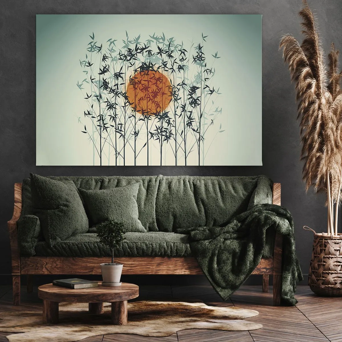 Cuadro sobre lienzo - Impresión de Imagen - Sol naranja entre las ramas de bambú. - 120x80cm - El sol de Japón - Decoración de pared moderna para salón y dormitorio ARTTOR