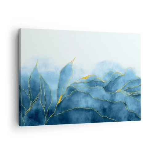 Cuadro sobre lienzo - Impresión de Imagen - Ondas abstractas en tonos azules con acentos dorados. - 70x50cm - Oro y azul - Decoración de pared moderna para salón y dormitorio ARTTOR