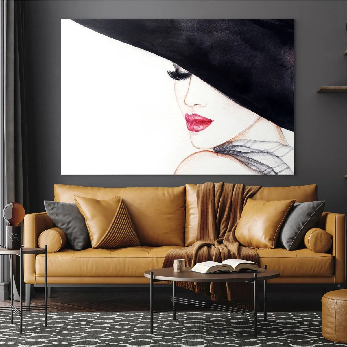 Cuadro sobre vidrio - Impresiones sobre Vidrio - Un retrato sutil de una mujer con sombrero y labios rojos. - 70x50cm - Elegancia y sensualidad - Decoración de pared moderna para salón y dormitorio ARTTOR