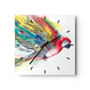 Reloj de pared - Reloj de vidrio - Un loro colorido en vuelo con patrones abstractos en sus alas. - 30x30cm - Vivir con colorido - Decoración de pared moderna para salón y dormitorio ARTTOR