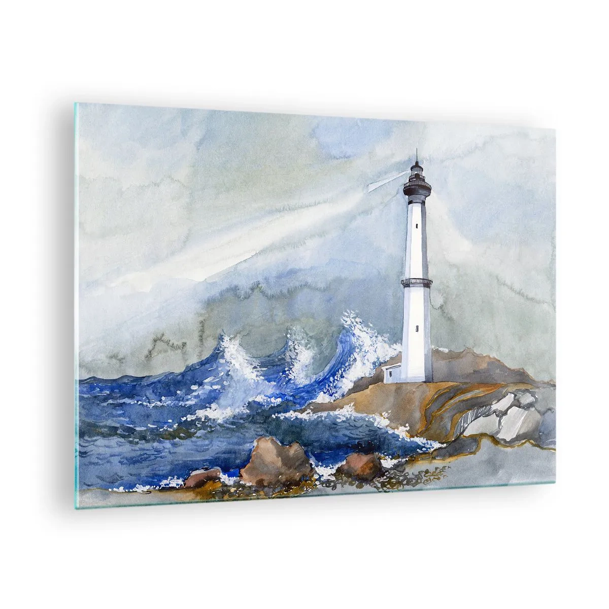 Cuadro sobre vidrio - Impresiones sobre Vidrio - Un faro junto a un mar tempestuoso en estilo acuarela. - 70x50cm - Contra la oscuridad y la tormenta - Decoración de pared moderna para salón y dormitorio ARTTOR