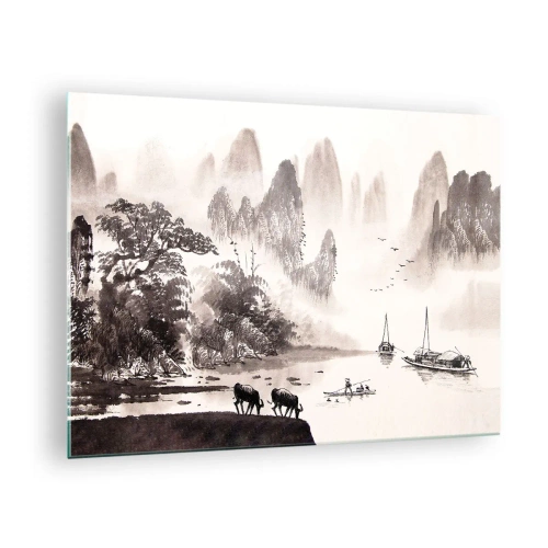 Cuadro sobre vidrio - Impresiones sobre Vidrio - Paisaje chino con montañas, árboles y agua. - 70x50cm - La exótica vida cotidiana de Oriente - Decoración de pared moderna para salón y dormitorio ARTTOR